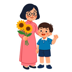 Fototapeta premium Teacher and Student with Sunflowers – Cute Vector Illustration