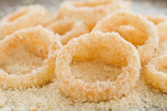 Homemade raw breaded onion rings on a plate with breadcrumbs (Selective Focus, Focus through the middle of the first onion ring)