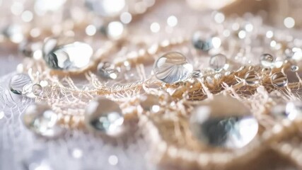 Elegant soft focus macro shot displaying dewdrops sparkling on delicate embroidered lace fabric in a neutral color scheme for a luxurious aesthetic - Powered by Adobe