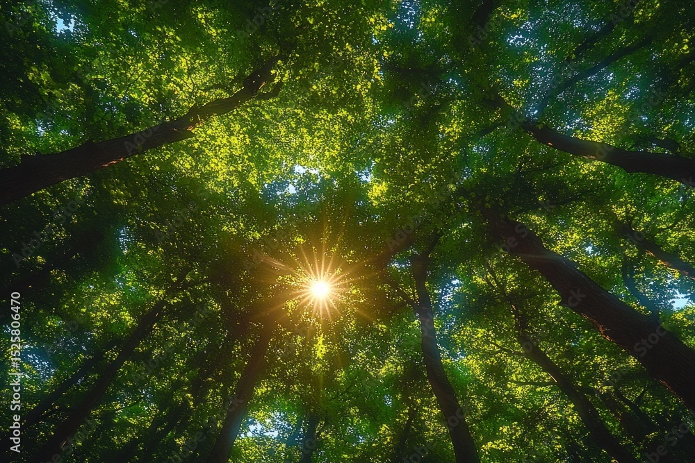 Poster sunlight shining through dense green tree canopy in a vibrant forest creating a peaceful and refresh