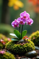 Miniature autumn garden, orchids in moss ball, red, moss