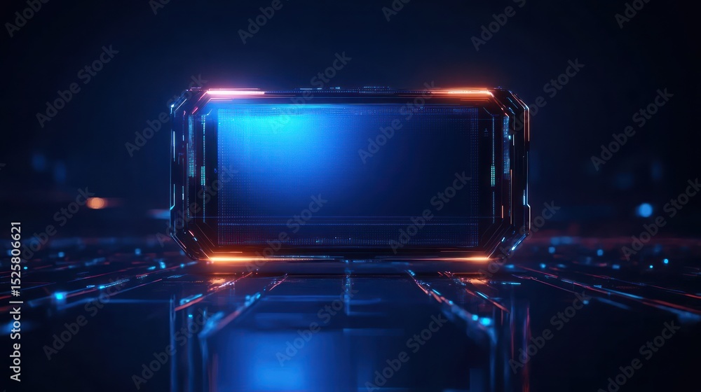 Aufkleber futuristic glowing digital rectangular frame emitting blue and orange light surrounded by a dark tec