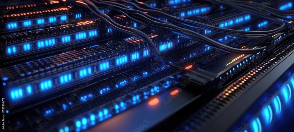 Aufkleber close-up view of multiple server racks with glowing blue and orange led lights and connecting black 