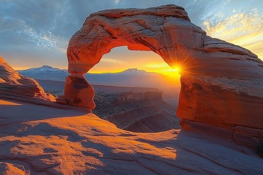Sunrise shining through a natural red rock arch in a desert landscape with distant mountains and a colorful sky