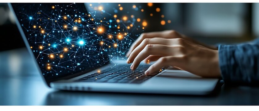 Hands typing on a laptop with network graphic