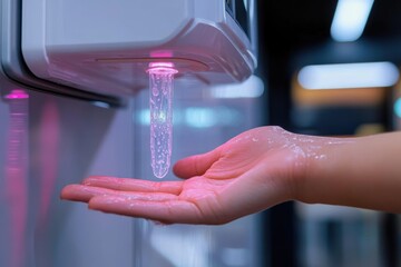 Close-up of a person&rsquo;s hand receiving liquid soap from an automatic dispenser under bright indoor lighting