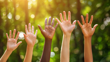Diverse group of hands raised together toward sunlight in natural forest setting