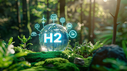 Clean hydrogen energy concept with H2 symbol floating in lush green forest environment
