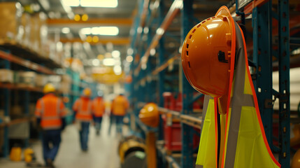 High visibility safety vest and hard hat hanging in busy warehouse storage aisle