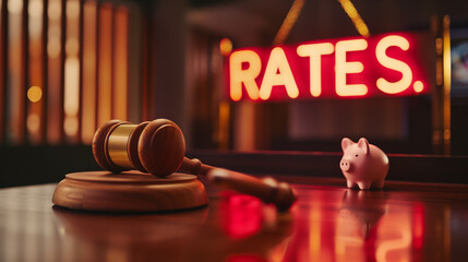 Gavel and piggy bank placed on desk in front of illuminated rates sign symbolizing finance and law