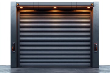 Obraz premium Modern industrial metallic rolling shutter garage door with dark frame and overhead orange lighting in a clean minimal setting