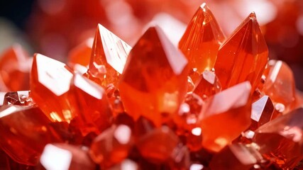 Close up of a cluster of vibrant red mineral crystals with sharp, defined edges, creating a striking geometric pattern and reflecting light intensely - Powered by Adobe