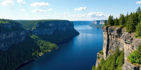 Towering basalt cliffs overlook Lake Superior's vast expanse , green, shoreline
