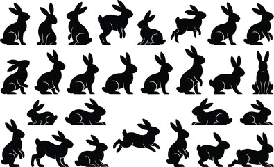 Vector silhouette set of cute bunny rabbits in various poses, perfect for Easter, spring design, pet themes, and decoration