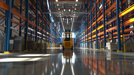Yellow forklift parked inside modern warehouse with tall storage racks and polished floor