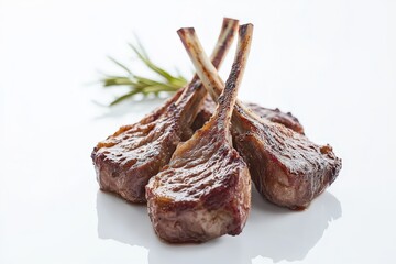 Roasted lamb chops arranged with sprigs of rosemary.