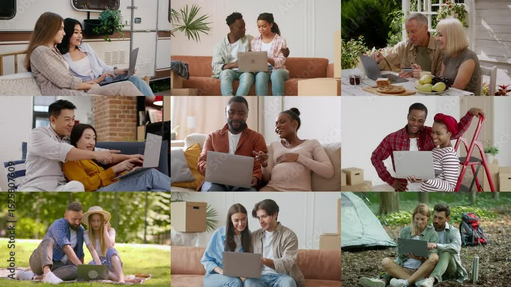 Poster A group of diverse individuals engages with laptops in different environments, showcasing collaboration and connection through technology. They are engaged and interacting in multiple scenes.