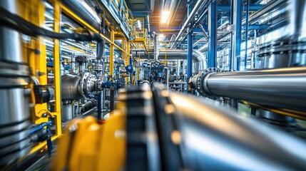 A large industrial plant with metal pipes, machinery, and equipment in a bright, industrial setting.