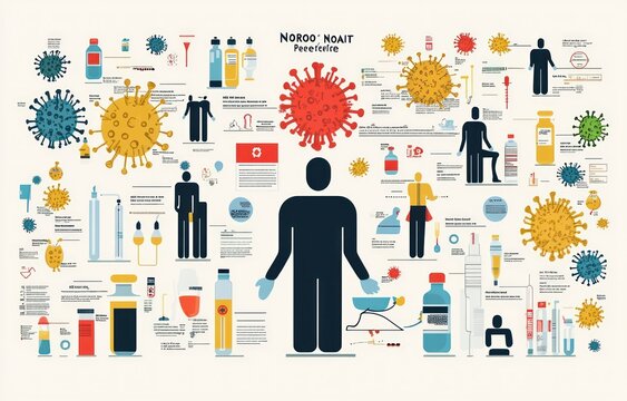 Informative graphic showing various virus illustrations, medical bottles, syringes, test tubes, and human figures representing infection and health measures