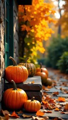 Vibrant fall foliage & pumpkins on aged stone Copy space , vintage, thanksgiving