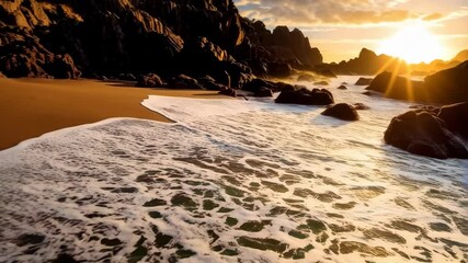 Golden sunlight shining on rocky beach with crashing ocean waves flowing onto the sand during sunset, with distant mountains. - Powered by Adobe