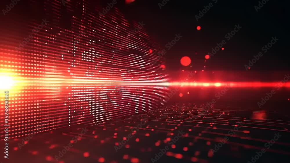 Poster abstract red digital data stream background with glowing particles and light streaks