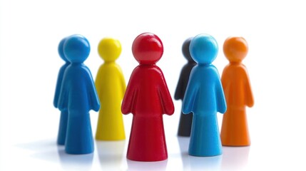 A red and blue figurine standing out from a group of yellow and black figurines against a white background.