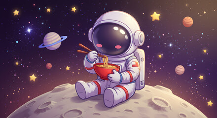 A whimsical and heartwarming illustration of a cute astronaut sitting on the moon while enjoying a bowl of noodles. The scene blends space exploration with cozy, humorous charm, showcasing stars in th