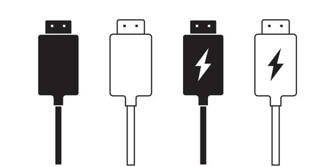 USB cable port icon set. USB type C and A lightning and micro USB mobile phone charger collection. Plug adapter symbol. Electronic device connector. Smartphone charger sign. Variety type of a symbols.