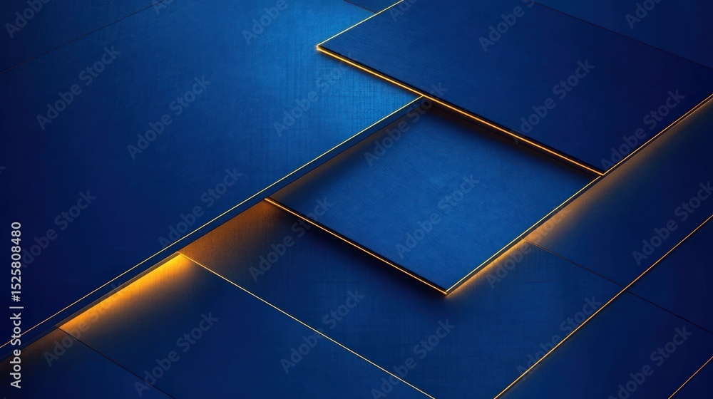 Poster abstract geometric pattern featuring overlapping blue panels with glowing orange edges creating a mo