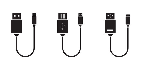 USB cable port icon set. USB type C, A, lightning and micro USB mobile phone charger vector illustration collection. USB cable icon. Mobile charger. Micro USB cables. USB cable Vector  illustration.