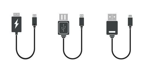 USB cable port icon set. USB type C and A lightning and micro USB mobile phone charger collection. Plug adapter symbol. Electronic device connector. Smartphone charger sign. Variety type of a symbols.
