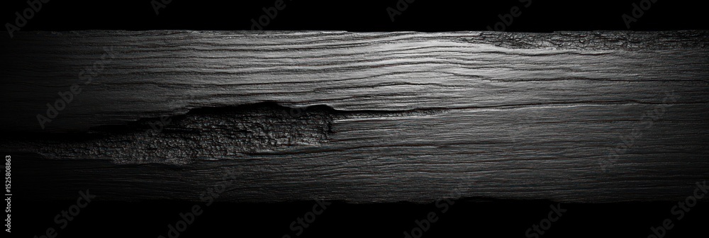 Poster close-up view of dark textured wooden surface with visible grain and rough patch under soft light