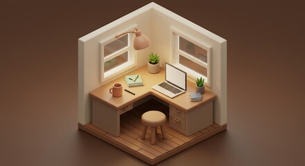 Fototapeta premium Isometric Home Office Setup with Desk, Laptop and Plants