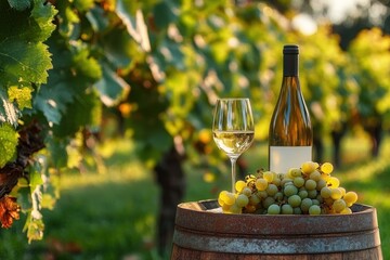 Fototapeta premium Wine bottle and glass with white grapes on a wooden barrel in a sunlit vineyard during late afternoon