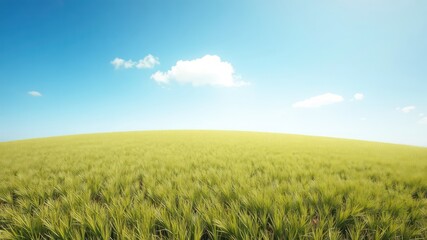 A pristine meadow of green grasses stretches toward a bright blue sky with puffy white clouds floating by