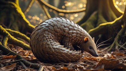 A solitary, naturally camouflaged pangolin, with its tough, overlapping scales glistening in the dappled forest light, curls into a tight, defensive ball, its long, clawed legs and tail tucked inward