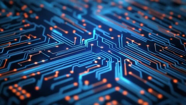 A close-up view of a glowing blue and orange electronic circuit board with intricate connections and pathways.
