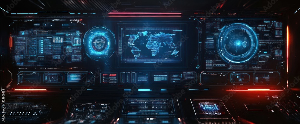 Poster futuristic digital control panel with glowing blue and red holographic world map and circular data i