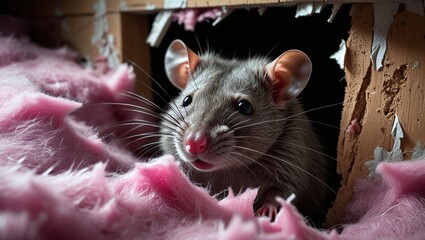 A tight, ominous close-up of a furry rat's snout peeking out from a torn, fluffy blanket of home insulation, its beady eyes gleaming in the dim light, highlighting the urgent need for pest control.