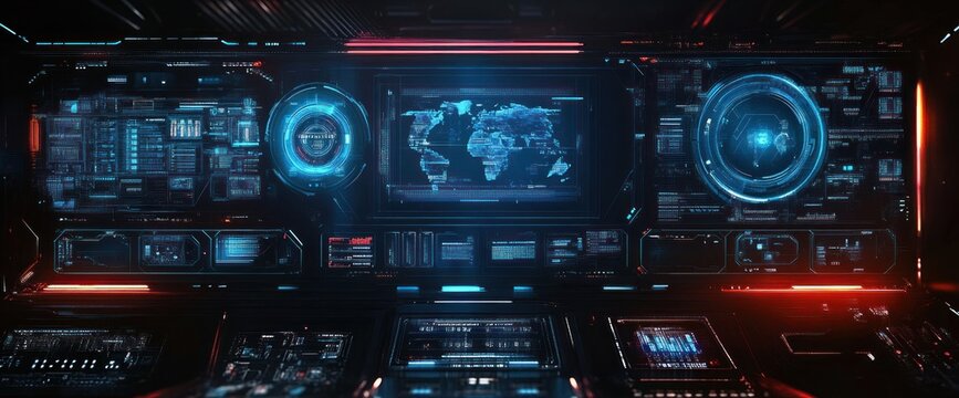 Futuristic digital control panel with glowing blue and red holographic world map and circular data interfaces in a dark high-tech environment