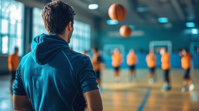 A basketball player in a gym, wearing a blue hoodie, observing a group of basketball players practicing in the background.
