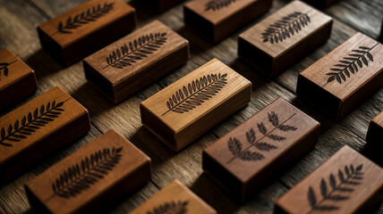 A close-up photograph of multiple rectangular wooden match boxes arranged on a weathered wooden surface