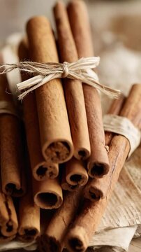 Bundles of dried cinnamon sticks tied with raffia, arranged on a beige linen cloth, ready to be used as a spice in the kitchen