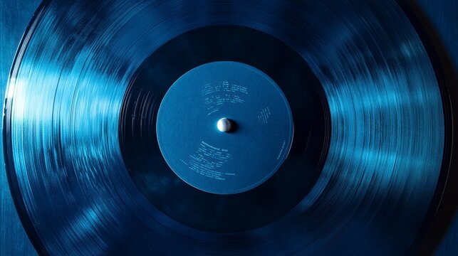Close-up of a blue vinyl record with visible grooves and center label.