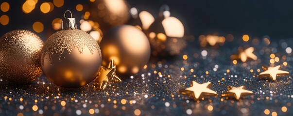 Close-up of shiny golden Christmas ornaments and star-shaped decorations on a glittery dark surface creating a festive and warm holiday ambiance