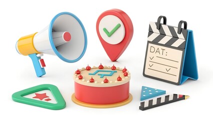Colorful 3D icons megaphone, clapperboard, location pin, birthday cake, check mark. Bright icons for creative projects. Fun icons for digital use. 3D illustration elements isolated on white.