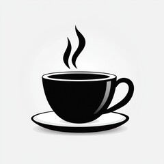 black coffee cup with steam rising on a white saucer against a light background