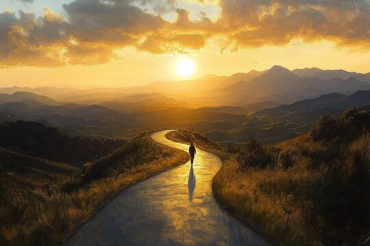 Solitary person walking on a winding path through grassy hills at sunset with a mountain range in the distance under a dramatic cloudy sky