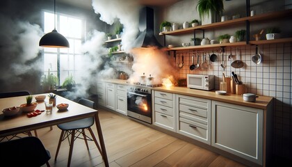 Kitchen fire accident caused by unattended stove, smoke filling the modern kitchen interior with alarm sounding.